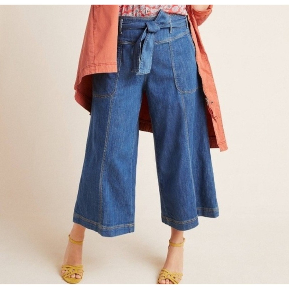 Pilcro Anthropologie High-Rise Wide-Leg Cropped Belted Jeans Sz 28 - Picture 3 of 13